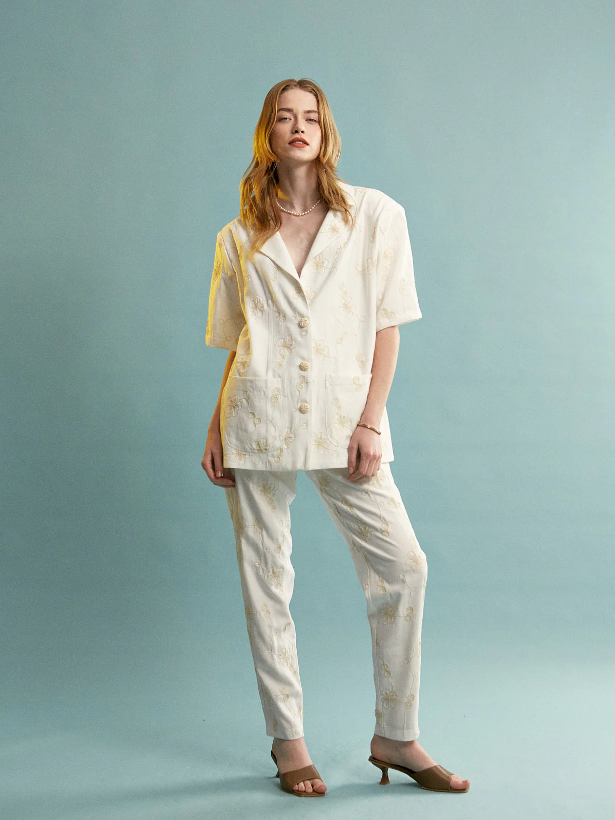Grace embroidered ecru pants