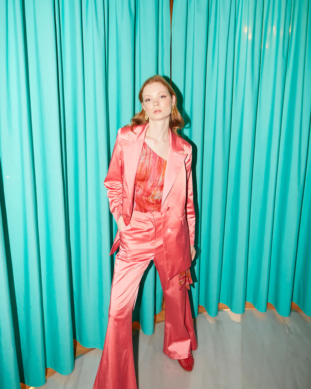 Luna shiny cotton coral blazer - Image 3