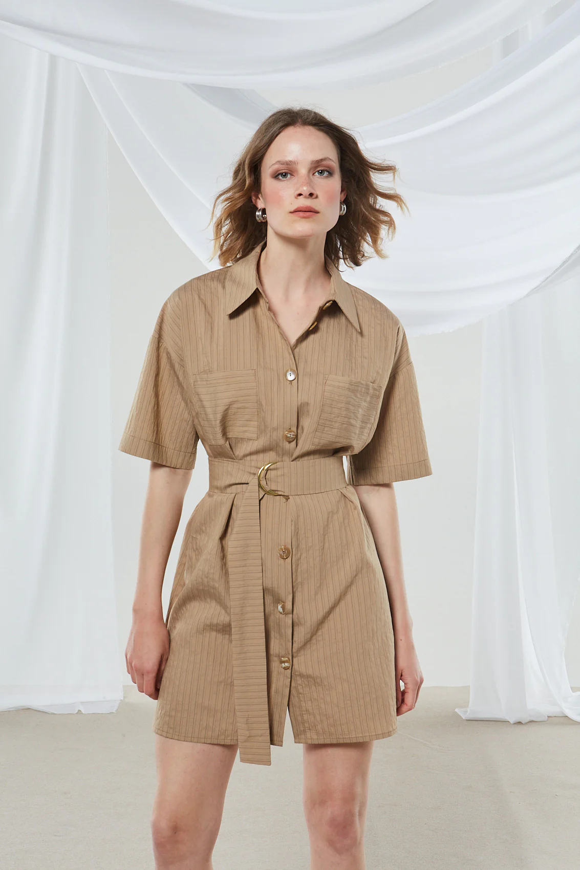 Renata stripe mini camel shirtdress - Image 6